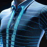 **Prompt:** A futuristic smart shirt with integrated sensors subtly glowing, displaying real-time biometric data. The design is sleek and modern, blending seamlessly with everyday wear, showcasing the integration of technology and fashion. Focus on demonstrating the "Intelligent Fibers" trend.