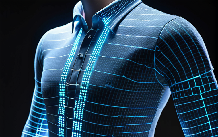 **Prompt:** A futuristic smart shirt with integrated sensors subtly glowing, displaying real-time biometric data. The design is sleek and modern, blending seamlessly with everyday wear, showcasing the integration of technology and fashion. Focus on demonstrating the "Intelligent Fibers" trend.