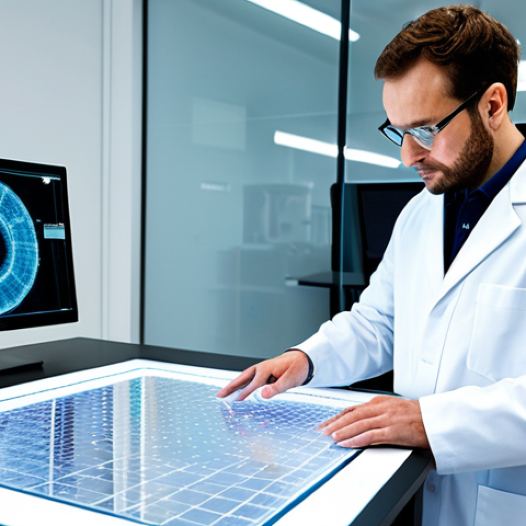 A focused, professional textile engineer, fully clothed in a modest lab coat over appropriate attire, standing in a pristine, futuristic textile laboratory. The engineer is meticulously examining a piece of advanced smart fabric on a display table, with subtle holographic data visualizations appearing around the fabric, hinting at its technological capabilities. In the background, a clean, modern certification logo (generic "Certified Safe" or similar concept) is subtly visible on a wall monitor, emphasizing product safety. Perfect anatomy, correct proportions, natural pose, well-formed hands, proper finger count, natural body proportions. Professional photography, high quality, sharp focus, natural lighting. safe for work, appropriate content, fully clothed, professional dress.