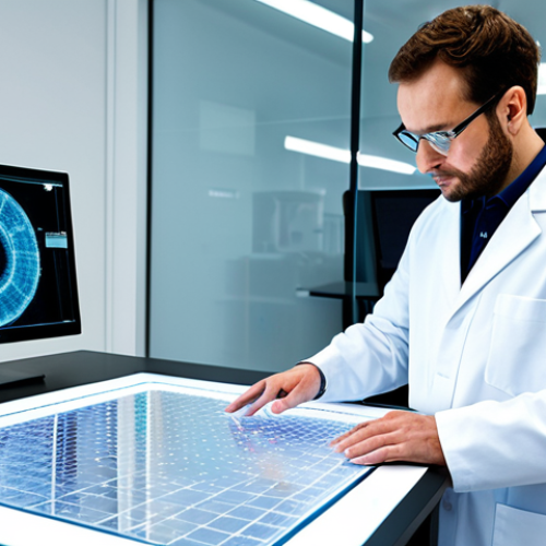 Home 6 A focused, professional textile engineer, fully clothed in a modest lab coat over appropriate attire, standing in a pristine, futuristic textile laboratory. The engineer is meticulously examining a piece of advanced smart fabric on a display table, with subtle holographic data visualizations appearing around the fabric, hinting at its technological capabilities. In the background, a clean, modern certification logo (generic "Certified Safe" or similar concept) is subtly visible on a wall monitor, emphasizing product safety. Perfect anatomy, correct proportions, natural pose, well-formed hands, proper finger count, natural body proportions. Professional photography, high quality, sharp focus, natural lighting. safe for work, appropriate content, fully clothed, professional dress.
