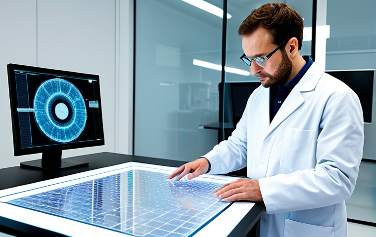 A focused, professional textile engineer, fully clothed in a modest lab coat over appropriate attire, standing in a pristine, futuristic textile laboratory. The engineer is meticulously examining a piece of advanced smart fabric on a display table, with subtle holographic data visualizations appearing around the fabric, hinting at its technological capabilities. In the background, a clean, modern certification logo (generic "Certified Safe" or similar concept) is subtly visible on a wall monitor, emphasizing product safety. Perfect anatomy, correct proportions, natural pose, well-formed hands, proper finger count, natural body proportions. Professional photography, high quality, sharp focus, natural lighting. safe for work, appropriate content, fully clothed, professional dress.