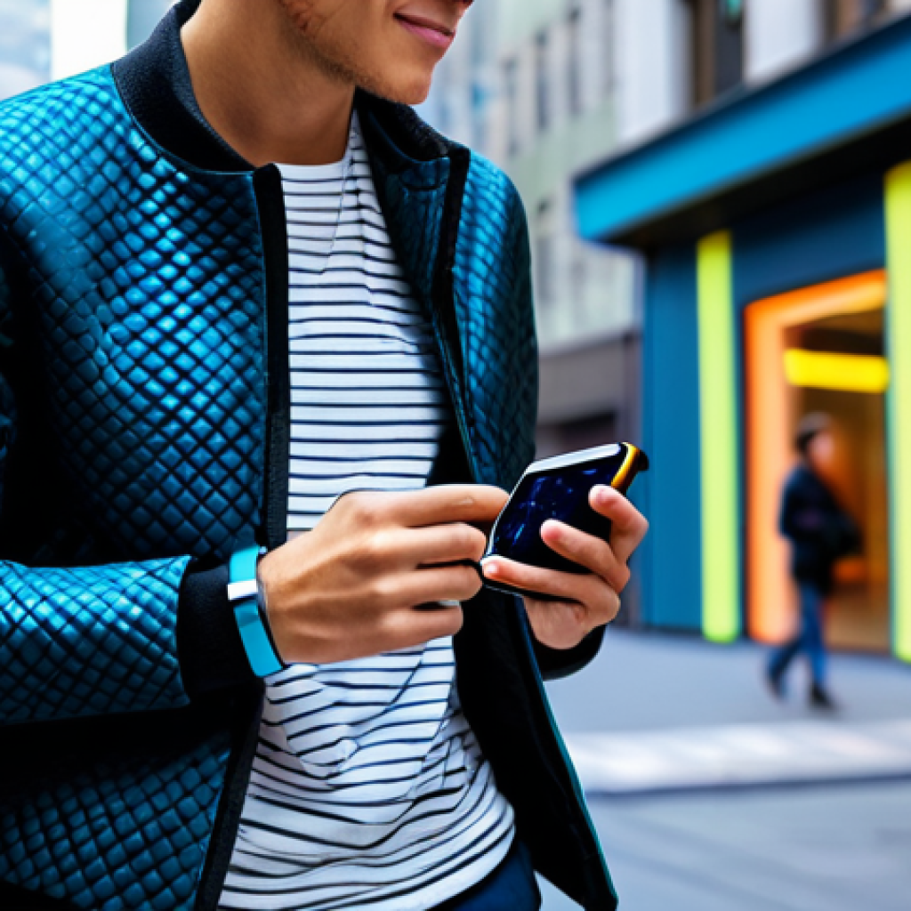 Wearable Tech & Self-Expression**
"A young adult wearing a stylish, fully clothed outfit incorporating wearable technology: a smartwatch displaying a colorful, personalized interface, and a jacket with subtle, glowing LED patterns. They are standing in a vibrant, modern city center. Safe for work, appropriate content, professional, perfect anatomy, natural proportions, modest clothing, family-friendly."
**