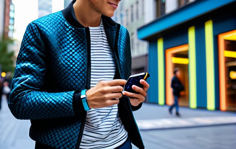 Wearable Tech & Self-Expression**
"A young adult wearing a stylish, fully clothed outfit incorporating wearable technology: a smartwatch displaying a colorful, personalized interface, and a jacket with subtle, glowing LED patterns. They are standing in a vibrant, modern city center. Safe for work, appropriate content, professional, perfect anatomy, natural proportions, modest clothing, family-friendly."
**