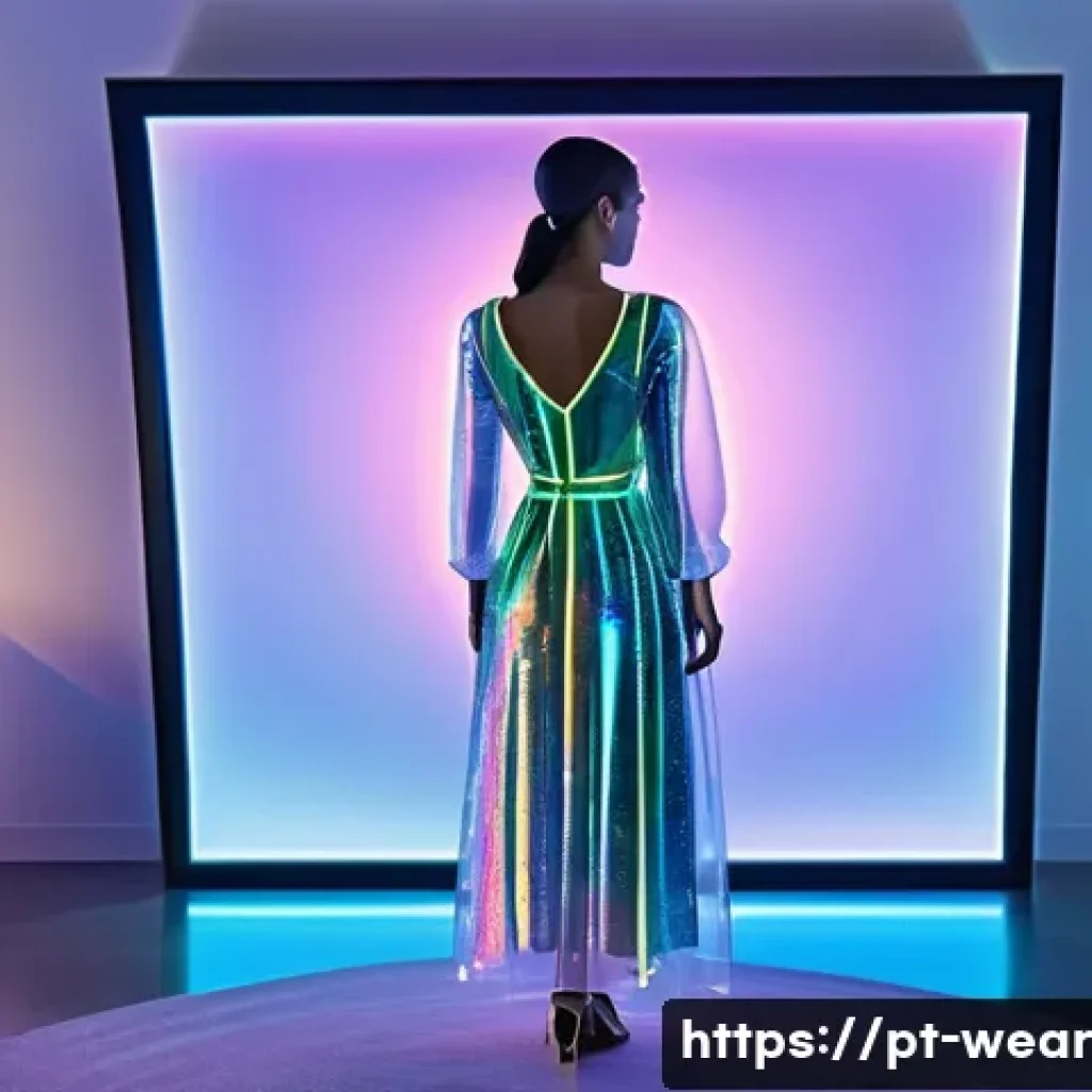 테크패션의 역사와 발전 과정 - **AI-Powered Virtual Styling Experience:** A young woman, dressed in a stylish yet modest midi-lengt...