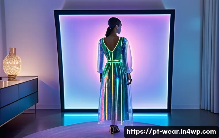 테크패션의 역사와 발전 과정 - **AI-Powered Virtual Styling Experience:** A young woman, dressed in a stylish yet modest midi-lengt...