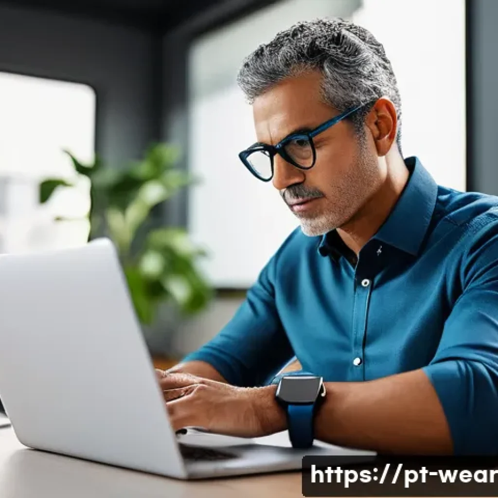 웨어러블 기기와 건강 관리의 상관관계 - A middle-aged Brazilian man sitting at a modern office desk wearing a sleek smartwatch displaying re...