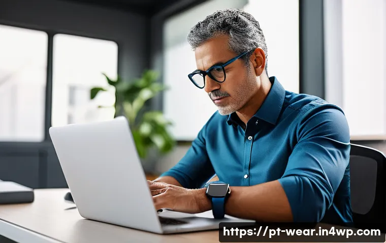 웨어러블 기기와 건강 관리의 상관관계 - A middle-aged Brazilian man sitting at a modern office desk wearing a sleek smartwatch displaying re...