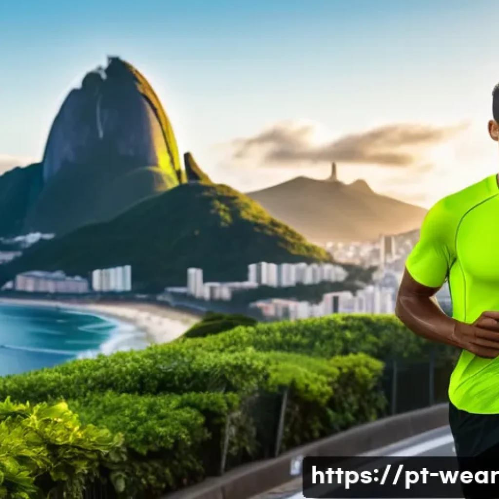 스마트 운동복에 대한 전문가 의견 - A dynamic scene showing a Brazilian runner wearing a high-tech smart running shirt with integrated h...