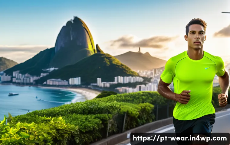 스마트 운동복에 대한 전문가 의견 - A dynamic scene showing a Brazilian runner wearing a high-tech smart running shirt with integrated h...
