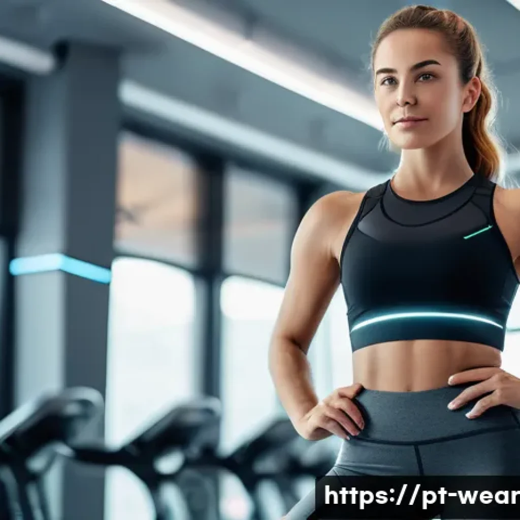 스마트 의류의 소비자 리뷰 분석 - A young adult woman wearing stylish smart clothes with integrated health sensors, standing confident...