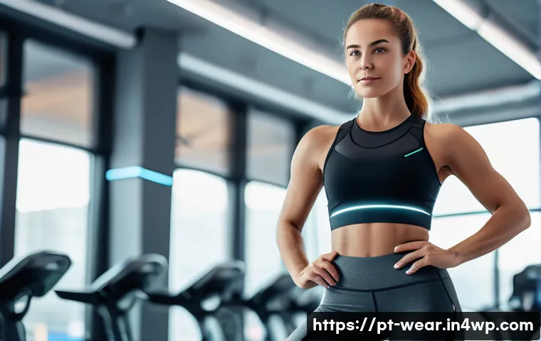 스마트 의류의 소비자 리뷰 분석 - A young adult woman wearing stylish smart clothes with integrated health sensors, standing confident...