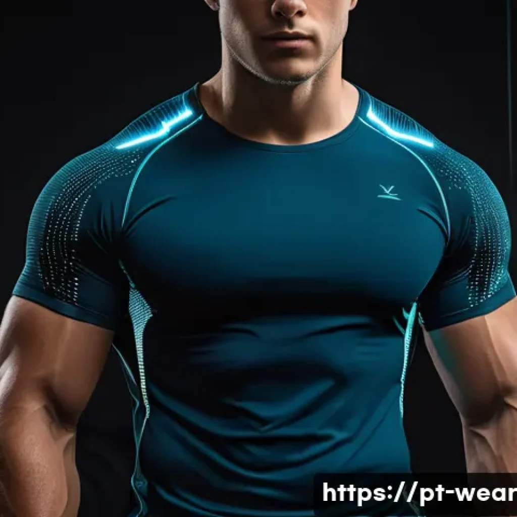 스마트 의류의 세밀한 디자인 디테일 - A modern athletic shirt made from conductive fiber textile, worn by a young adult male, showcasing s...