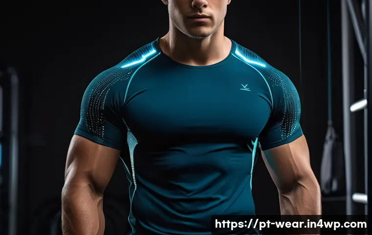 스마트 의류의 세밀한 디자인 디테일 - A modern athletic shirt made from conductive fiber textile, worn by a young adult male, showcasing s...