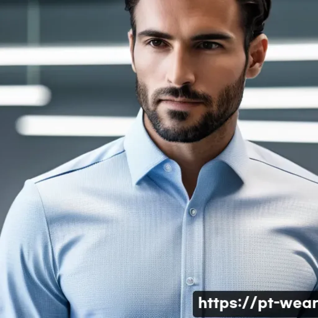 스마트 의류의 기능과 디자인 분석 - A modern young professional wearing a sleek, breathable smart shirt embedded with subtle biometric s...