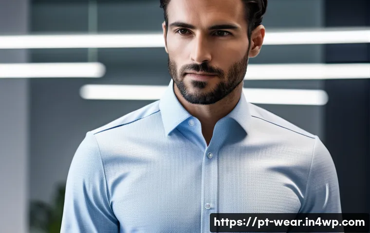 스마트 의류의 기능과 디자인 분석 - A modern young professional wearing a sleek, breathable smart shirt embedded with subtle biometric s...