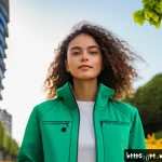 Home 22 웨어러블 테크패션의 지속 가능성 - A young Brazilian woman wearing a stylish eco-friendly jacket made from organic fabric with removabl...