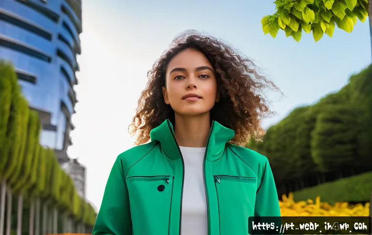 웨어러블 테크패션의 지속 가능성 - A young Brazilian woman wearing a stylish eco-friendly jacket made from organic fabric with removabl...