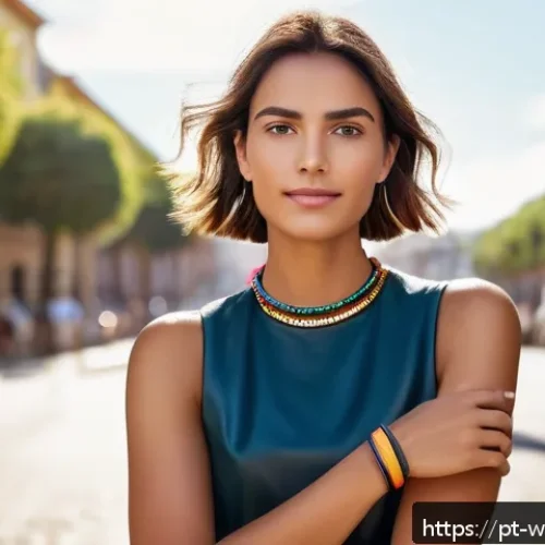 Home 32 웨어러블 기기와 패션 커뮤니티 - A stylish young Brazilian woman in an urban setting wearing a sleek smart bracelet made of genuine l...