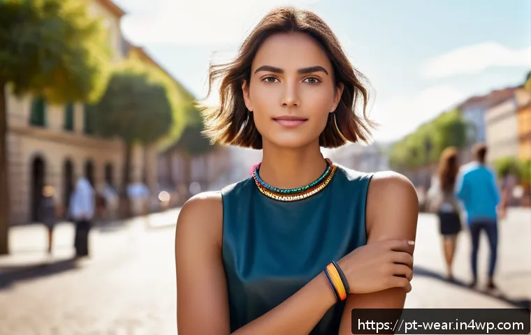 웨어러블 기기와 패션 커뮤니티 - A stylish young Brazilian woman in an urban setting wearing a sleek smart bracelet made of genuine l...