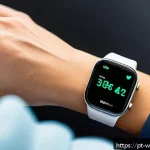 Home 19 스마트워치와 모바일 앱의 통합 - A close-up of a modern smartwatch worn on the wrist of a young adult, displaying advanced health mon...