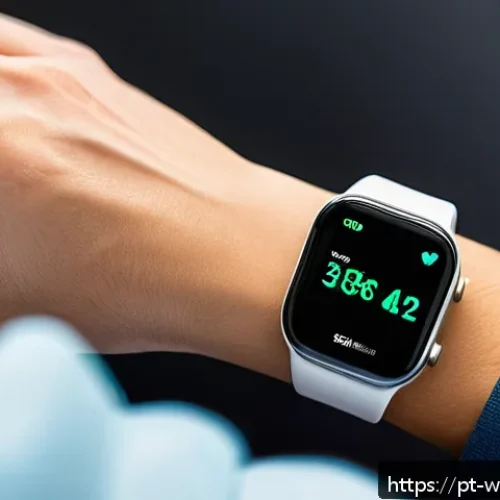 Home 31 스마트워치와 모바일 앱의 통합 - A close-up of a modern smartwatch worn on the wrist of a young adult, displaying advanced health mon...
