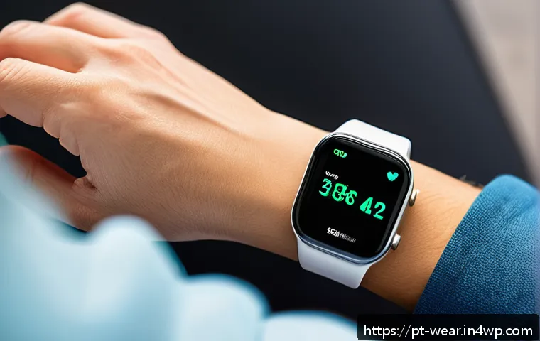 스마트워치와 모바일 앱의 통합 - A close-up of a modern smartwatch worn on the wrist of a young adult, displaying advanced health mon...