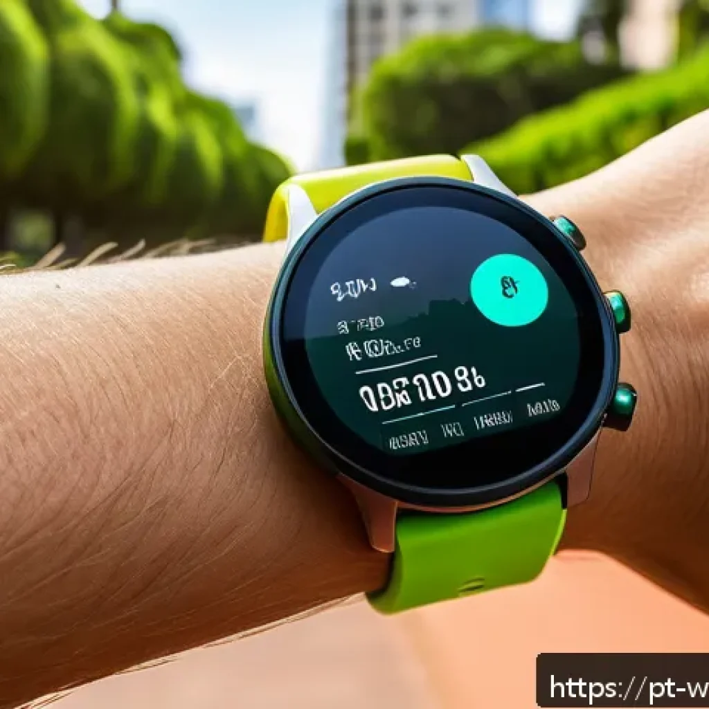 웨어러블 기기의 혁신적인 기능 - A close-up view of a modern wearable fitness tracker on the wrist of a young adult jogging in a sunn...