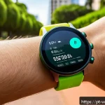 Home 23 웨어러블 기기의 혁신적인 기능 - A close-up view of a modern wearable fitness tracker on the wrist of a young adult jogging in a sunn...