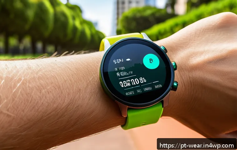 웨어러블 기기의 혁신적인 기능 - A close-up view of a modern wearable fitness tracker on the wrist of a young adult jogging in a sunn...