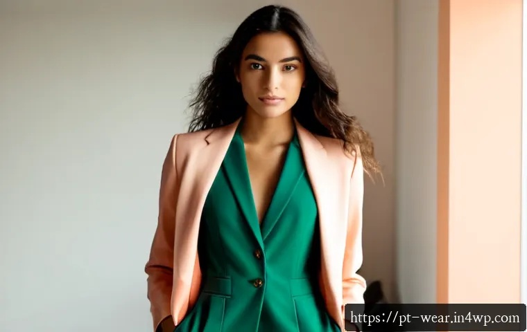 Home 17 스마트 의류의 색상 및 패턴 트렌드 - Photorealistic fashion editorial of a stylish young Brazilian woman wearing a smart casual jacket wi...