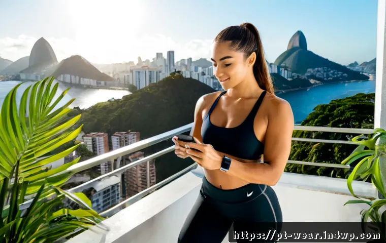 Home 17 웨어러블 기기와 인플루언서 마케팅 - Photorealistic lifestyle scene of a Brazilian fitness influencer in a bright Rio de Janeiro apartmen...